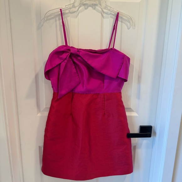 Hutch Serena Pink and Red Colorblock Bow Mini Dress Holiday Party Cocktail - Picture 4 of 10